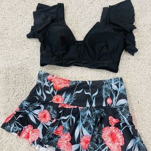 Black Ruffled Top and Floral Skirt Set